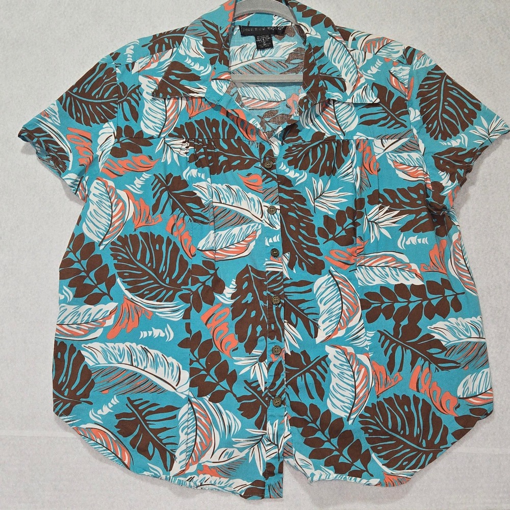 R#52 Mirror Image Women's Turquoise Tropical Leaf Print Button Up Shirt Size 1X‎